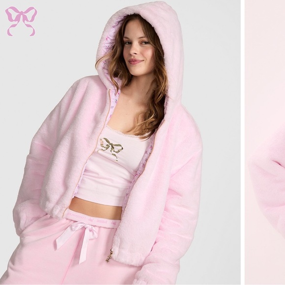 Small LoveShackFancy x PINK coquette bow faux fur bomber jacket / coat - Picture 3 of 5